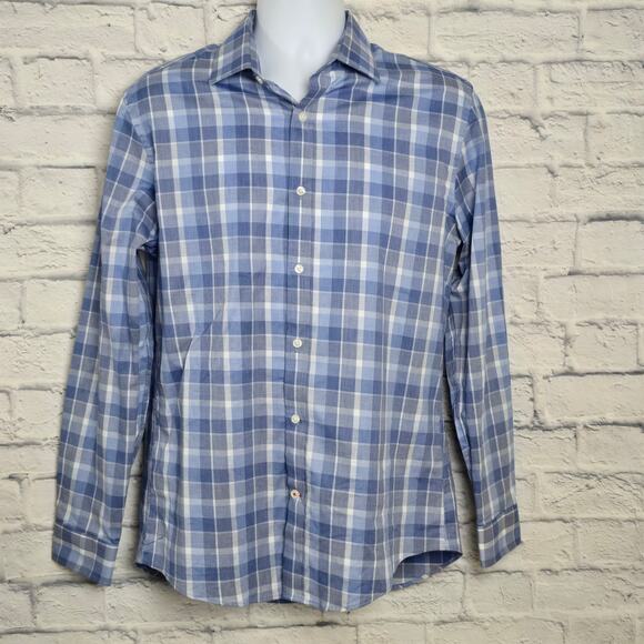 Tommy Hilfiger Shirt Mens Medium 15 1/2 32/33 Blue Plaid Long Sleeve Button Down - Picture 1 of 16